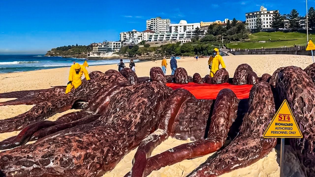 El asombro golpea cuando un enorme “monstruo” de calamar gigante de más de 10 metros de largo se lava en la costa de los EE. UU. con una forma extraña (video) .